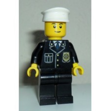 cty005a Police - City Suit with Blue Tie and Badge, Black Legs, White Hat, Black Eyebrows, Thin Grin 